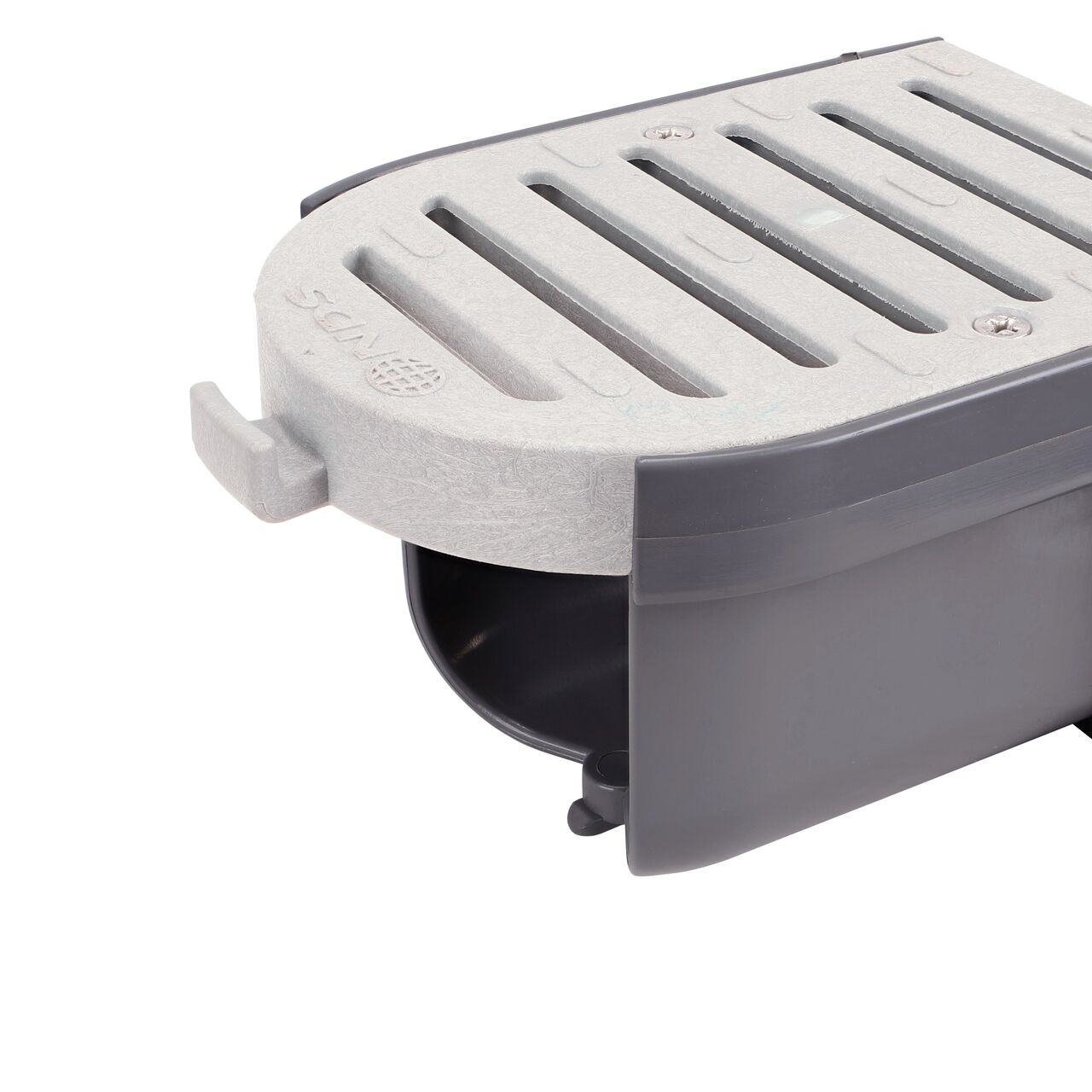 Closeup of the end piece showing where it connects to the middle curve pieces to form the 0 to 9 degrees of angular motion on the NDS Spee-D® Contour™ Channel Drain Start & End Kit (NDS 400-ACSE-WH)