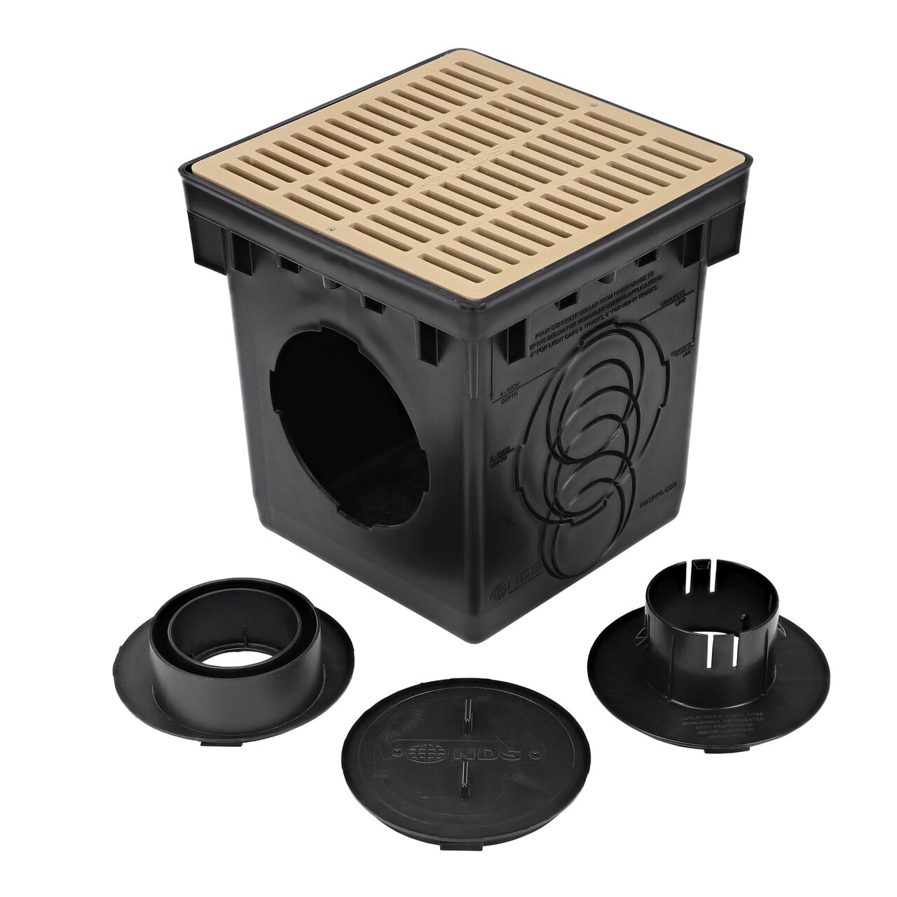Unassembled view of the NDS 12 in. Catch Basin Drain Kit with sand plastic grates (NDS 1200SKIT), pipe adapters and plug, for multiple set-up choices for your stormwater drainage needs
