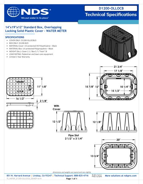 NDS 14 in. X 19 in. Rectangular D1200 Meter Box and Locking Cover, 12 in. Height, Black Box, Black Water Meter Cover Tech Spec