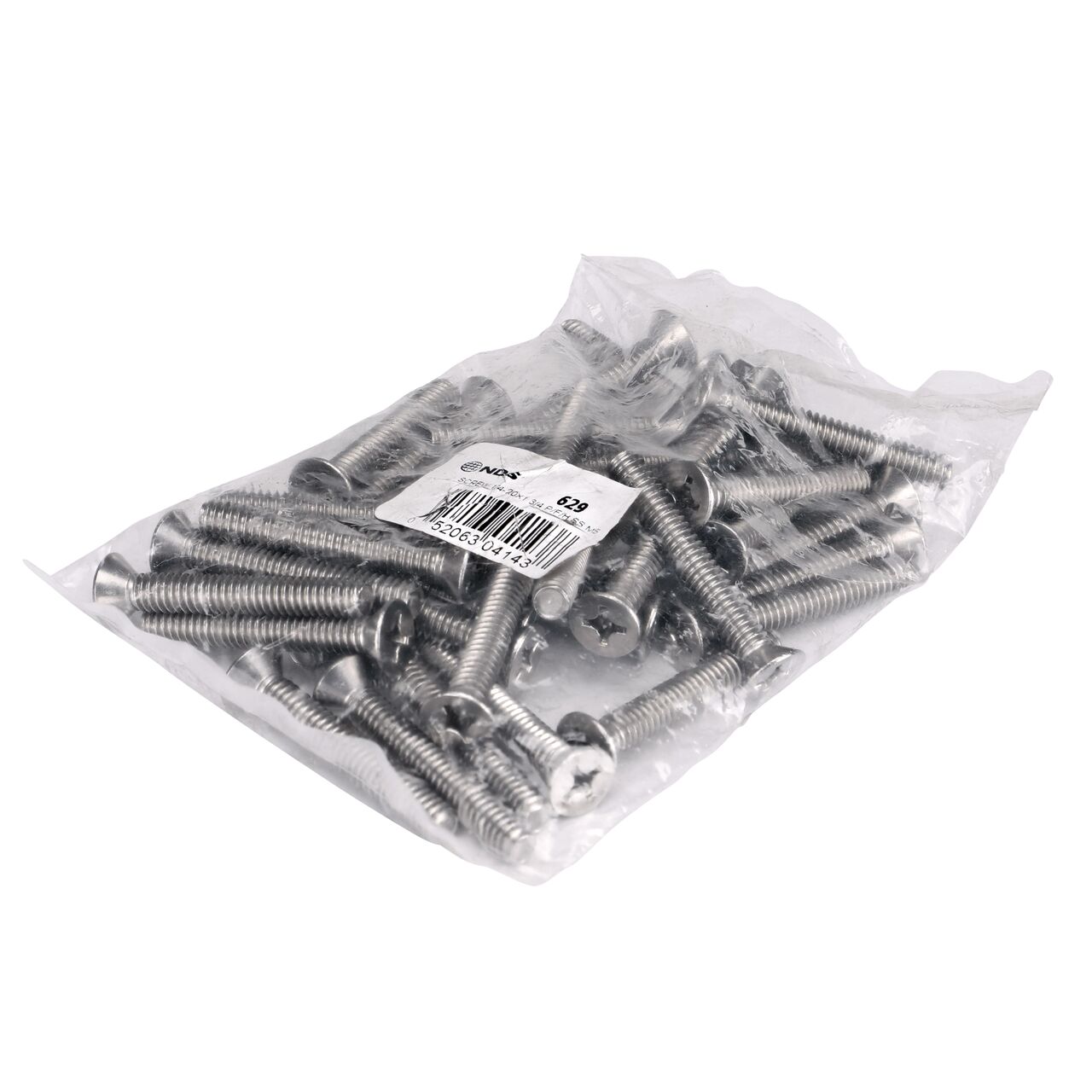 The shorter length stainless steel 1/4 in. Phillips Flat Head Screw (NDS 629) comes packaged in a bag of 40 with the bar code and label on front
