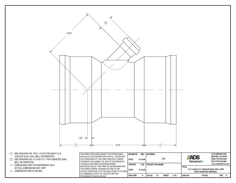 15 x 4 N-12 Dual Wall Wye with Gasketed SWR Bell Nyloplast Detail