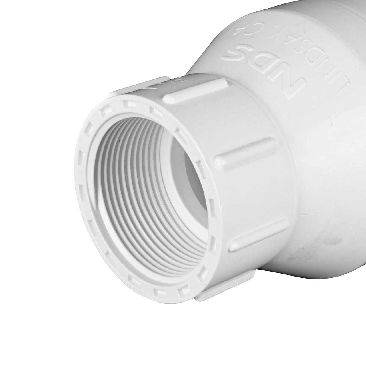 Closeup of the threaded end of the NDS 1-1/2 in. White PVC Spring Check Valve (NDS 1001-15, NDS 1002-15)