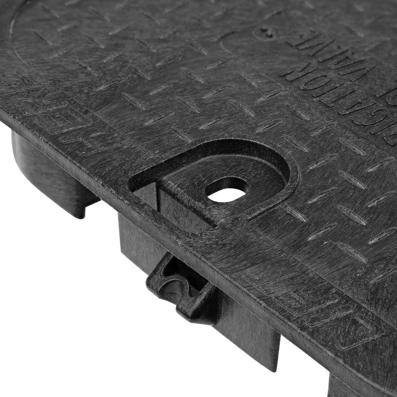 Closeup view of the locking mechanism and bolt hole on the Irrigation Control Valve cover (NDS 113CB) for the NDS 14 X 19 in. Rectangular Standard Series Valve Box