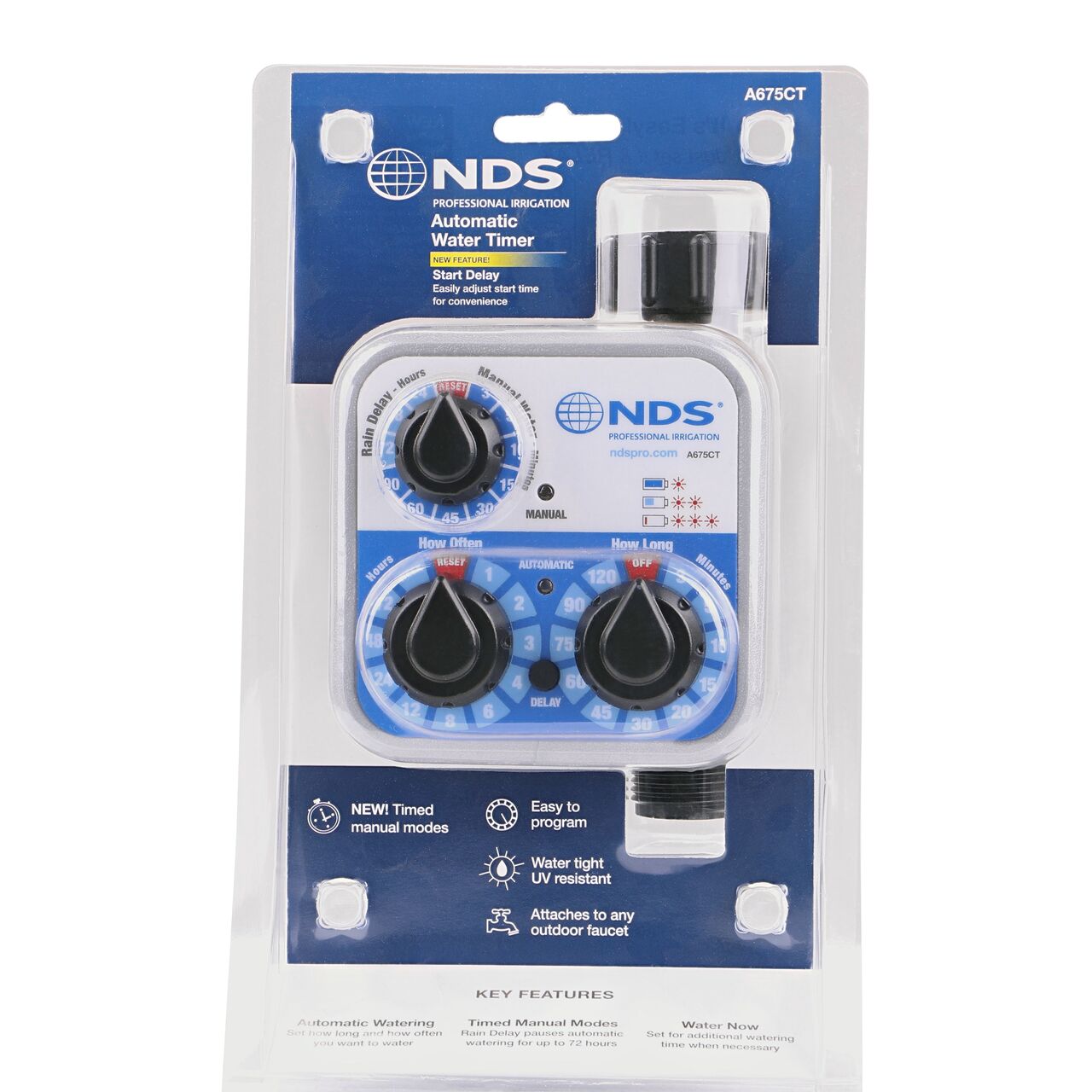Straight on view of the NDS Automatic Water Timer in the plastic clamshell packaging (NDS A675CT)