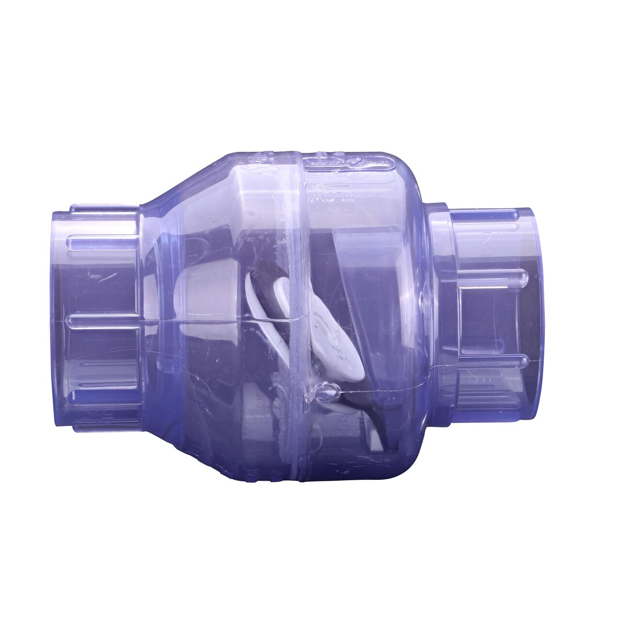 Side to side view of the NDS Clear 2 in. slip end by slip end PVC Swing Check Valve (NDS 1520C20) which prevents backflow in pipelines
