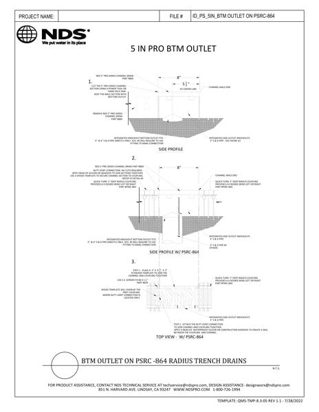 NDS 5 in. Pro Series™ Channel Drains & Grates Bottom Outlet On PSRC-864 Radius Installation Details
