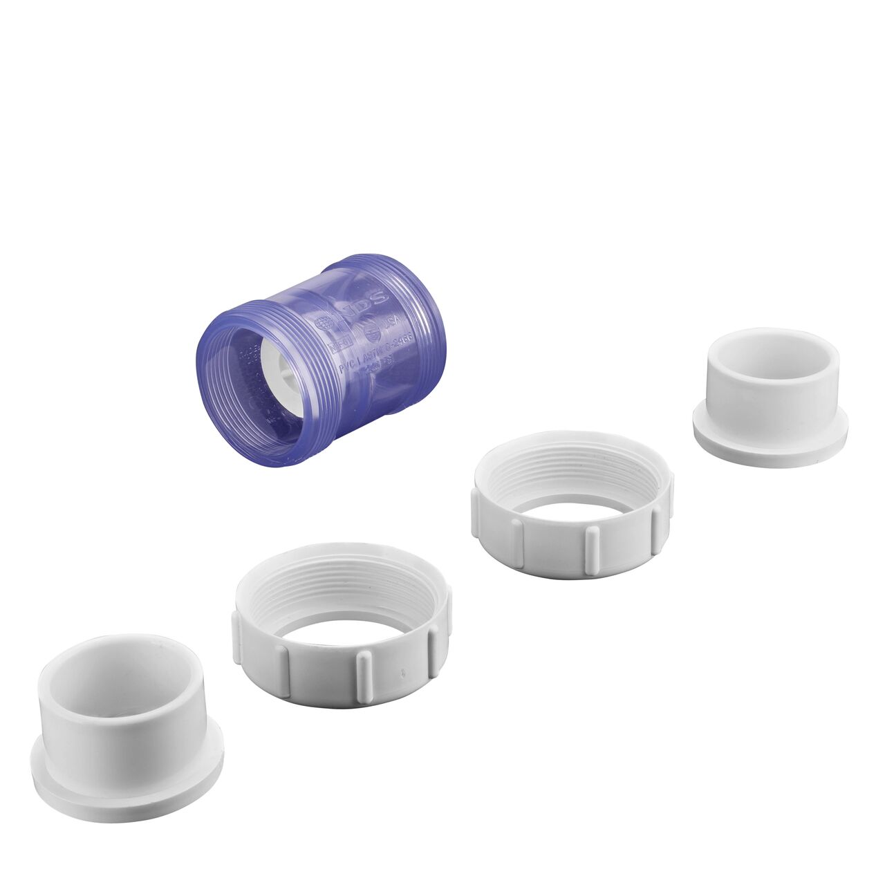 Unassembled view of the NDS Clear 1-1/2 in. IPS slip by slip PVC Compact True Union Spring Check Valve (NDS 1790C15) where ends unscrew to remove for maintenance