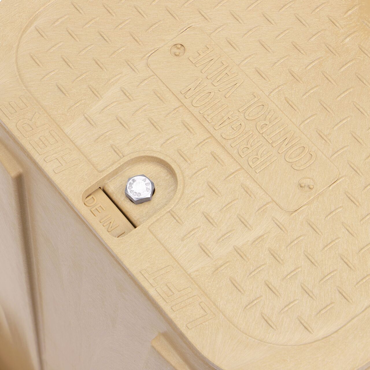The valve box lid and bolt securely in place on the NDS 14 in. X 19 in. Rectangular Pro-Spec® Series Sand Box and Sand Irrigation Control Valve Cover (NDS 314BCBSAND) keeping components protected against the elements, foot traffic, lawn care equipment, and potential vandalism while keeping them out of sight