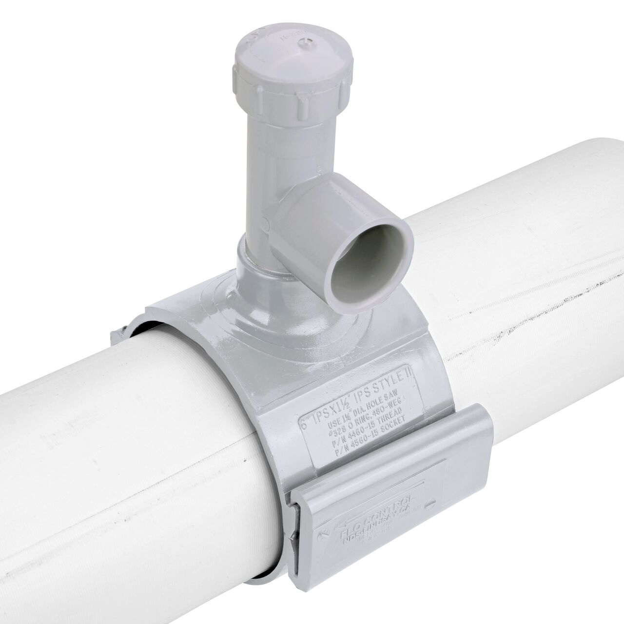 Tap wedge on the 6 in. NDS Flo-Tap™ Rigid PVC saddle with 1-1/2 in. socket or 2 in. spigot into place to securely lock onto pipe (NDS 3260)