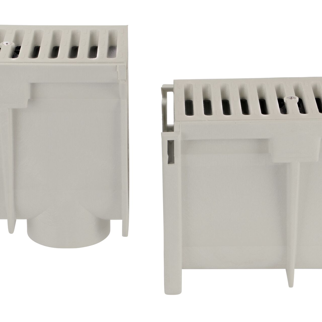 Lift the male end on the channel to lock into the female end of the next size channel of the Dura Slope™ Channel Drain system shown with deeper drains and grates already installed (NDS DS-103, NDS DS-103N, NDS DS-104, NDS DS-105, NDS DS-106, NDS DS-106N, NDS DS-107, NDS DS-108, NDS DS-109, NDS DS-109N, NDS DS-110, NDS DS-111, NDS DS-112, NDS DS-112N, NDS DS-113, NDS DS-114, NDS 661LG)