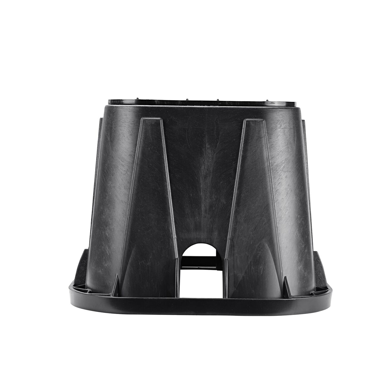 Side view of the shorter width side of the NDS 14 in. X 19 in. Rectangular Pro-Spec® Series Valve Box & Reclaimed Water Cover (NDS 313BCBRBLK) rugged enclosure that features a pipe hole for water and irrigation pipe connections