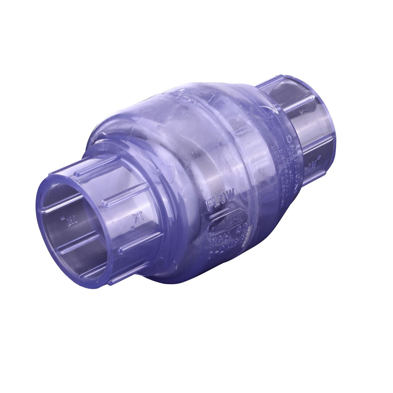 Alternate direction of the NDS Clear 1-1/4 in. slip end by slip end PVC Swing Check Valve (NDS 1520C12). Water is conveyed one-way through the valve when the flap opens.