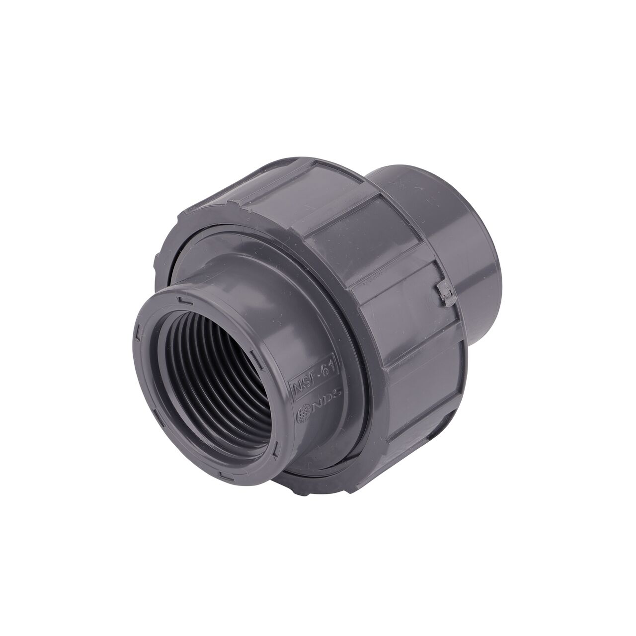 The NDS 1 in. PVC FPT Union connects two 1 in. schedule 80 pipes with MPT ends to create a leak-resistant connection without the need for traditional glued sealant (NDS U-1000-T)