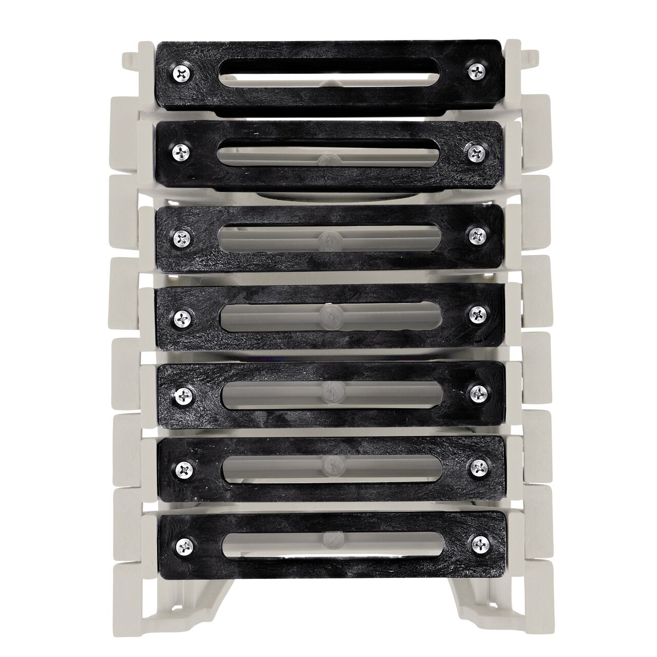 Top down view of Seven Slotted Black Plastic Dura Slope™ Channel Drain EZ-Track™ Radius Coupling Grates (NDS DS-663MG) installed on seven Dura Slope EZ-Track Radius Couplings (NDS DSRC) without any turn