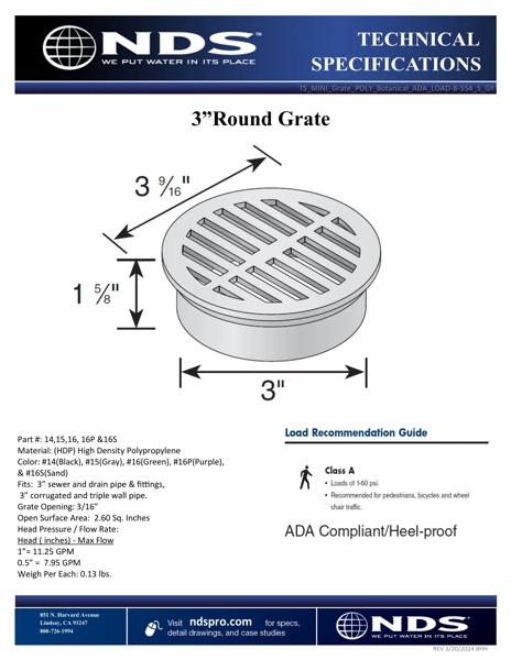 NDS 3 in. Round Grate for Pipes & Fittings Tech Spec