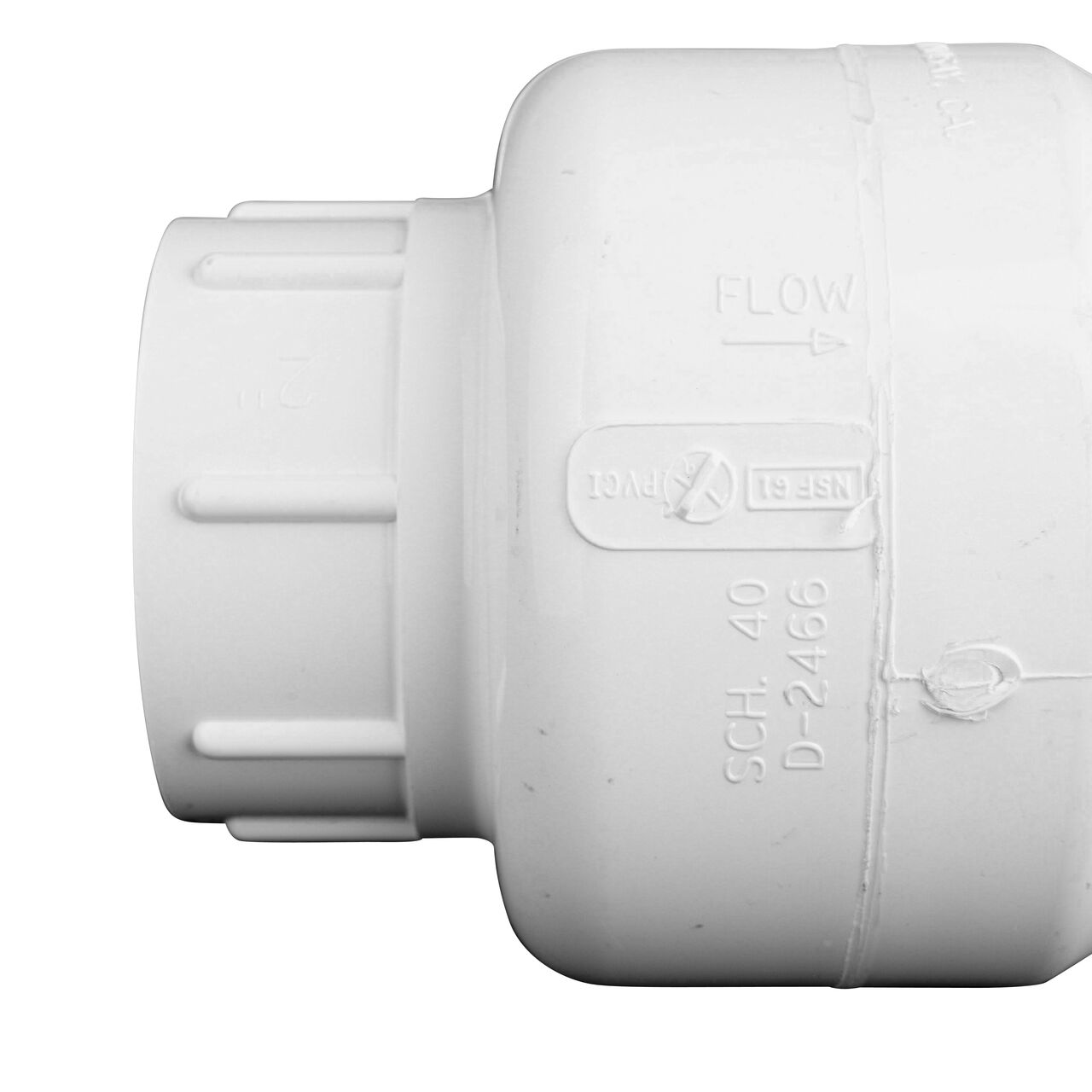 Closeup of the arrow showing water flow direction on the NDS White 2 in. female end by female end PVC Swing Check Valve (NDS 1520-20F)
