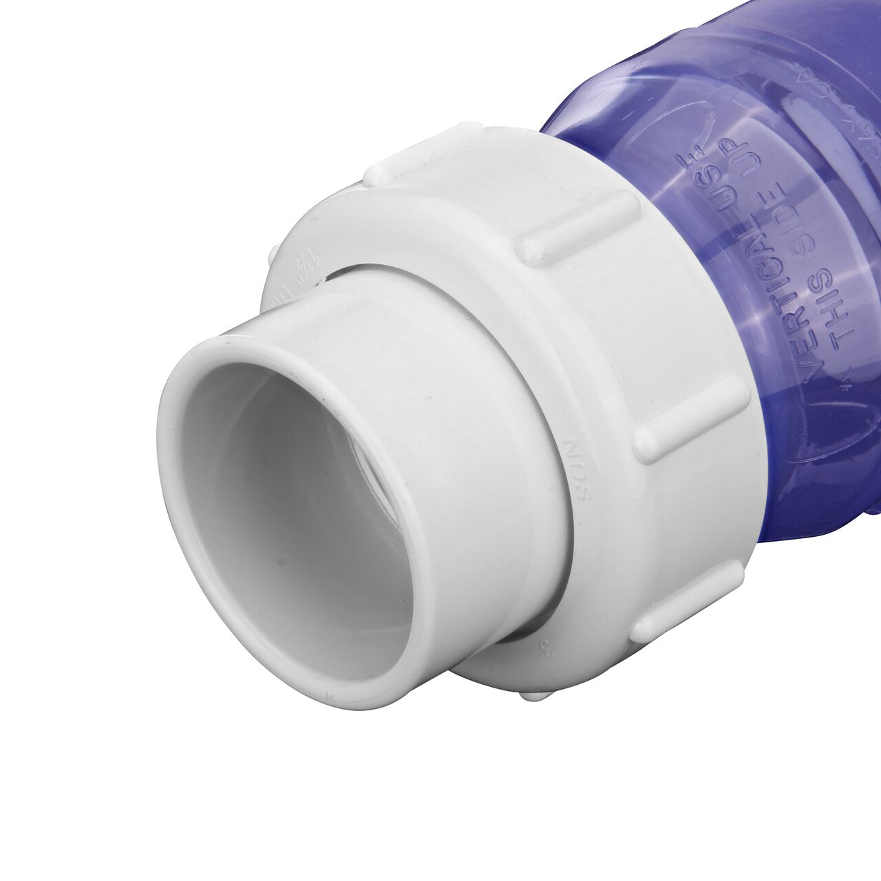 Closeup of the one end of the NDS Clear 1-1/2 in. IPS U X U PVC True Union Swing Check Valve (NDS 1720C15)