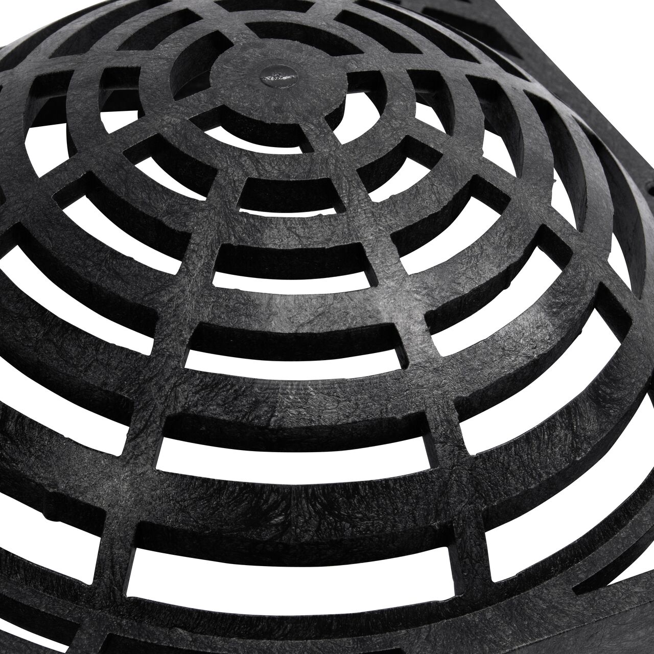 Closeup view of NDS 9 in. Square Atrium Catch Basin Drain Grate, Black Plastic (NDS 981)