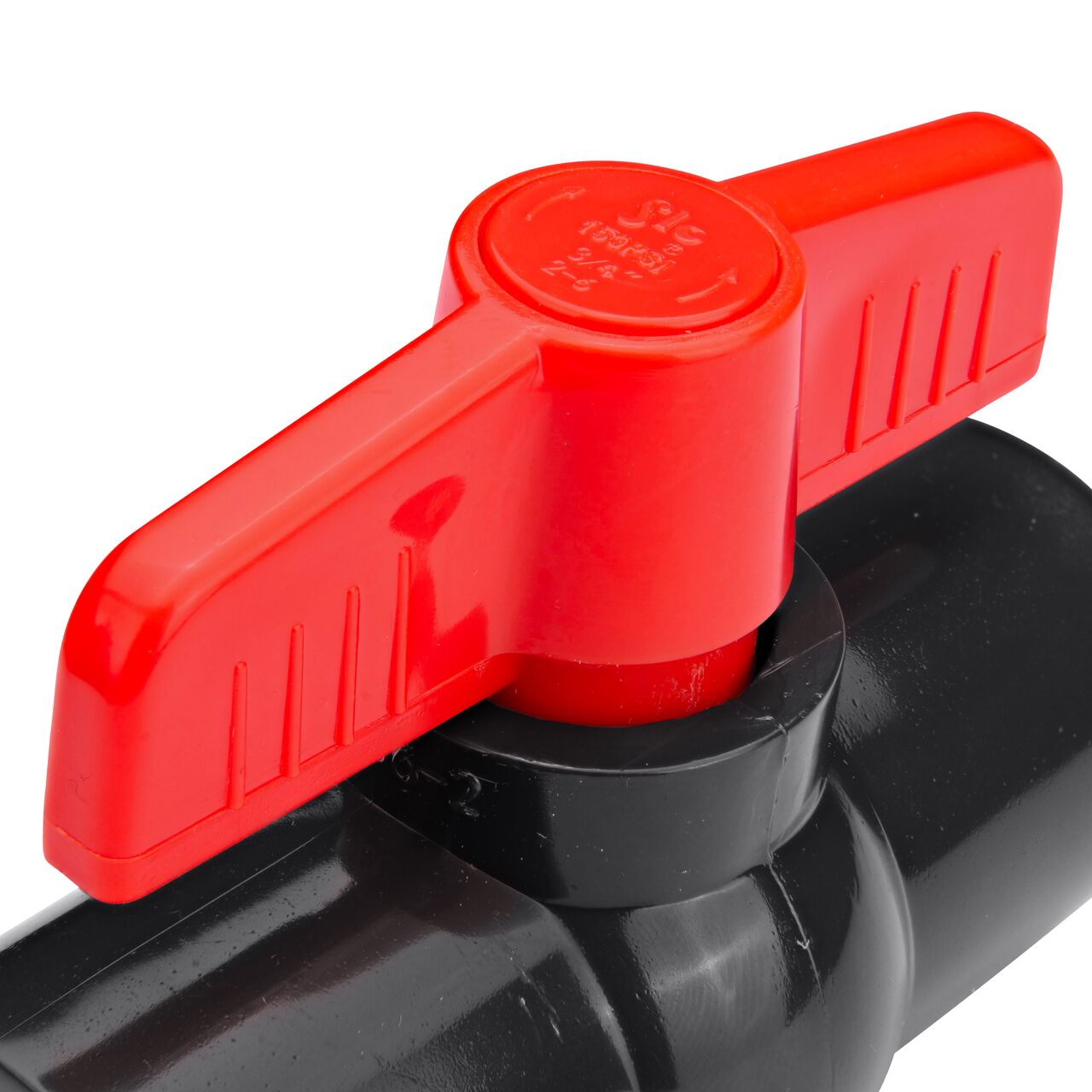 Closeup of the NDS IPS Ball Valve showing the handle that rotates two ways to control water flow (NDS E1610-07)