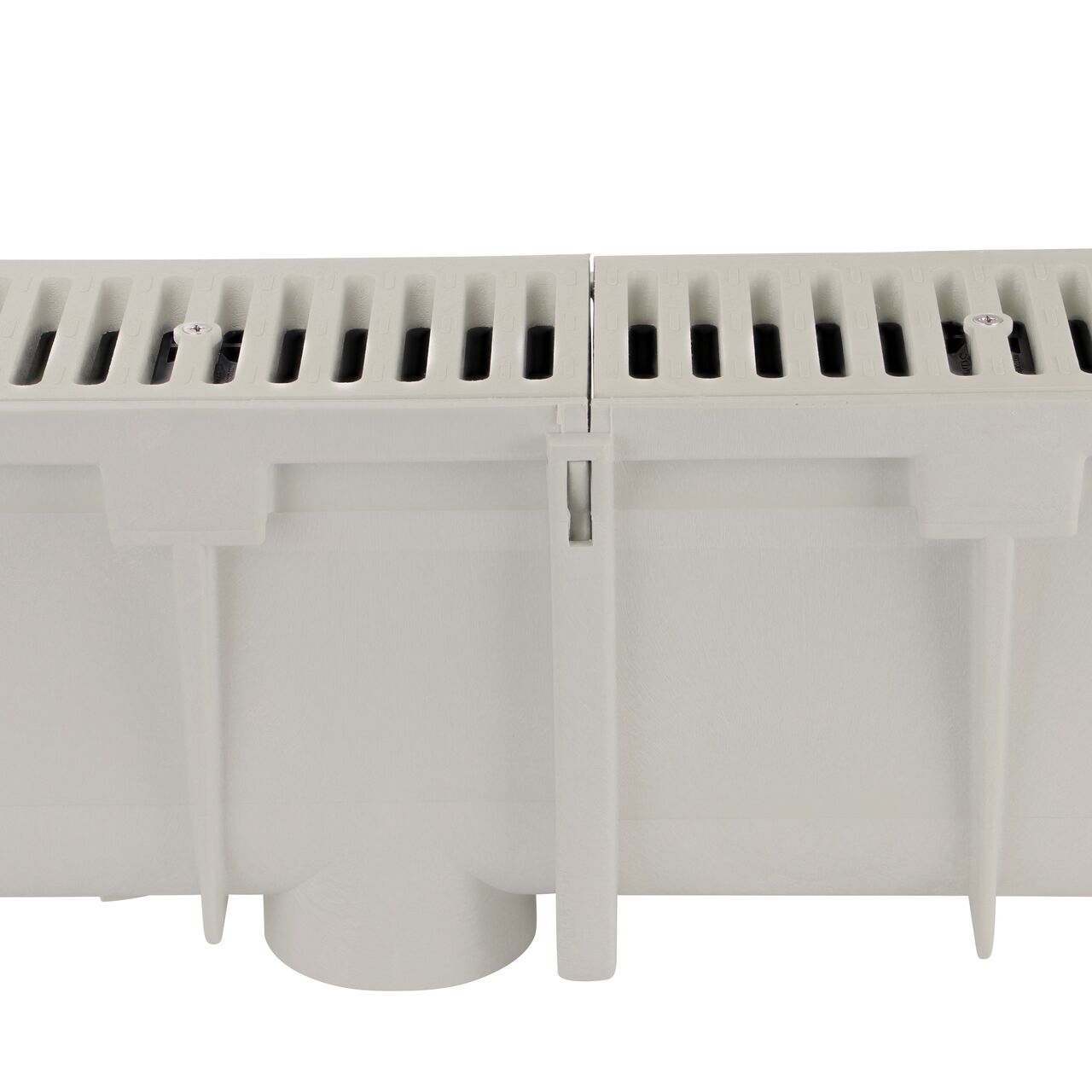 Securely lock the male end on the channel into the female end of the next size of the Dura Slope™ Channel Drain system shown with deeper drains and grates already installed (NDS DS-103, NDS DS-103N, NDS DS-104, NDS DS-105, NDS DS-106, NDS DS-106N, NDS DS-107, NDS DS-108, NDS DS-109, NDS DS-109N, NDS DS-110, NDS DS-111, NDS DS-112, NDS DS-112N, NDS DS-113, NDS DS-114, NDS 661LG)