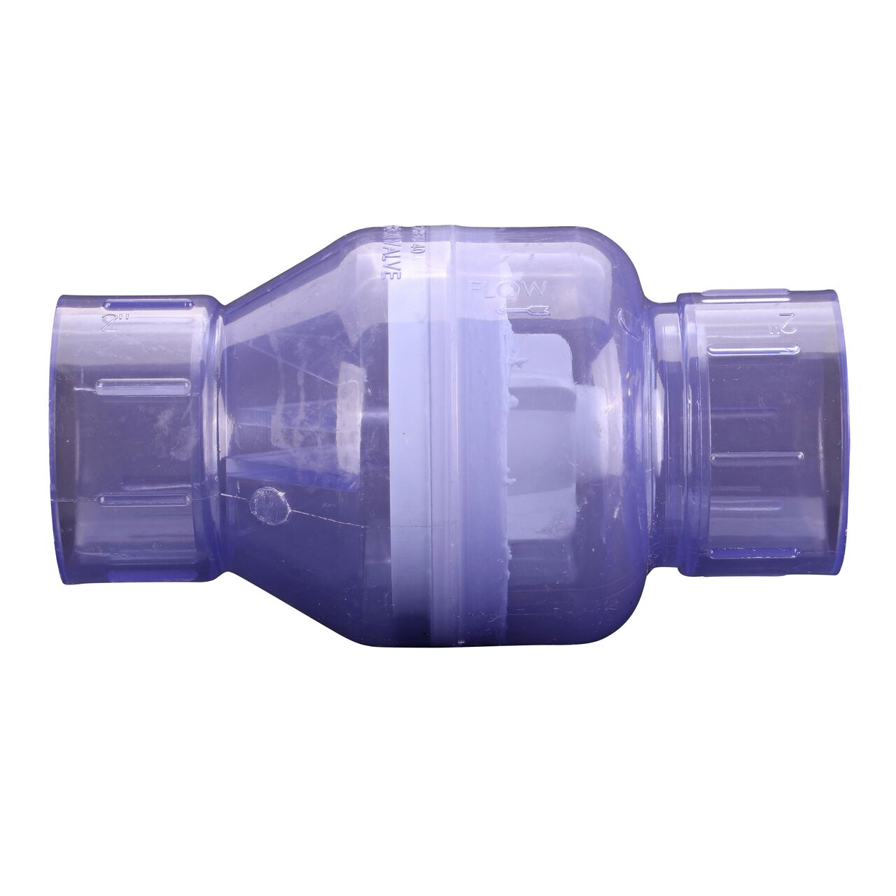 Side to side view of the NDS Clear 2 in. slip end by slip end PVC Spring Check Valve (NDS 1011C20)