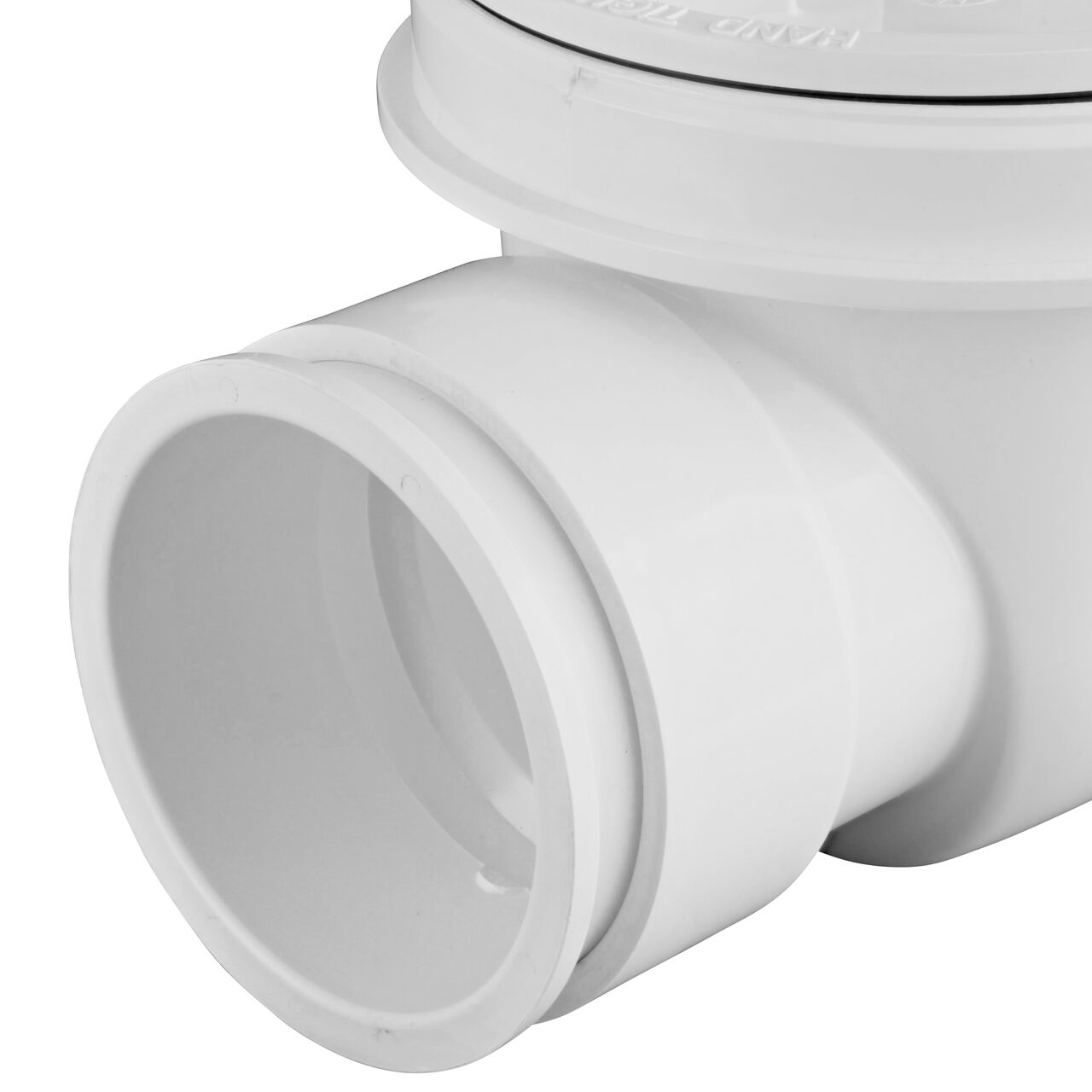 Closeup the inlet end of the NDS 4 in. White PVC Backwater Valve with Adapter (NDS 475PS) with 4 inch DWV to Sewer & Drain Pipe adapter attached