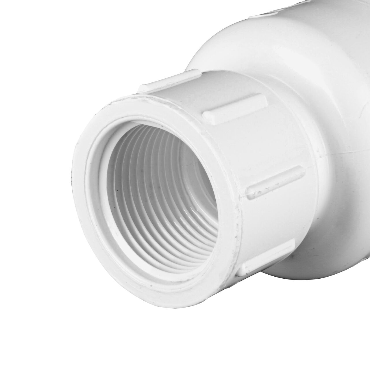 Closeup of the non-sloped end of the threaded NDS 1 in. White PVC Spring Check Valve (NDS 1001-10, NDS 1002-10)