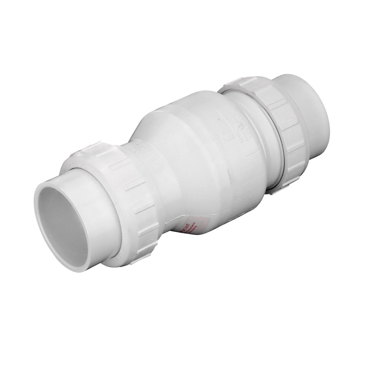 The white NDS 3 in. PVC True Union Swing Check Valve (NDS 1720-30) directs water flow one-way through pipe