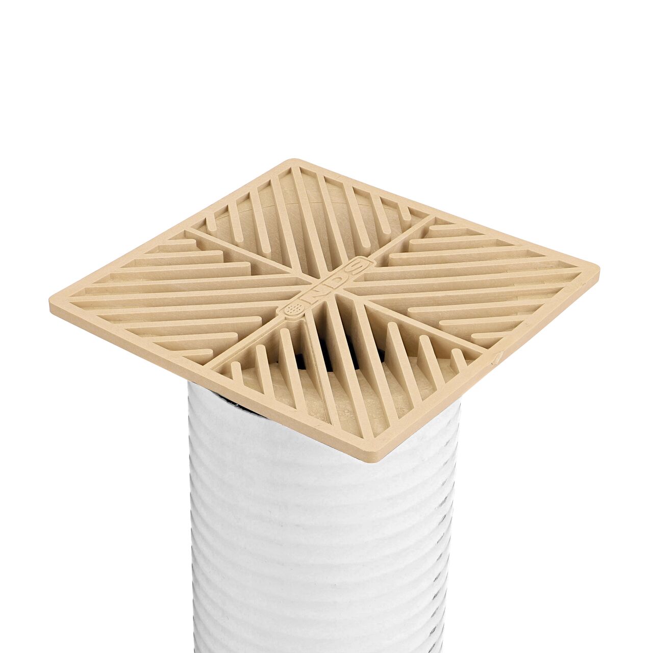NDS sand plastic 6 in. Square Grate Fits 3 & 4 in. Draing Pipes and Fittings installed on 4 in. Triple Wall Pipe (NDS 06S)