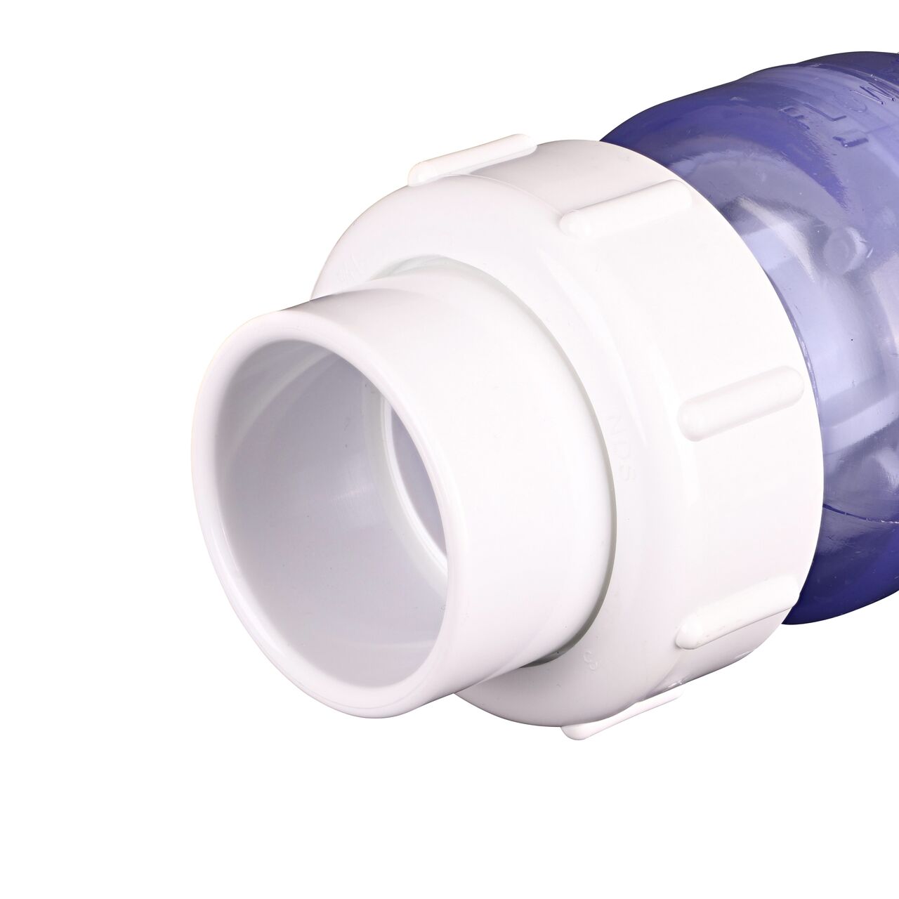 Closeup of the inlet end of the NDS Clear 1-1/2 in. slip end by slip end with 1/2 lb. spring PVC True Union Spring Check Valve (NDS 1700C15) which prevents backflow in pipelines