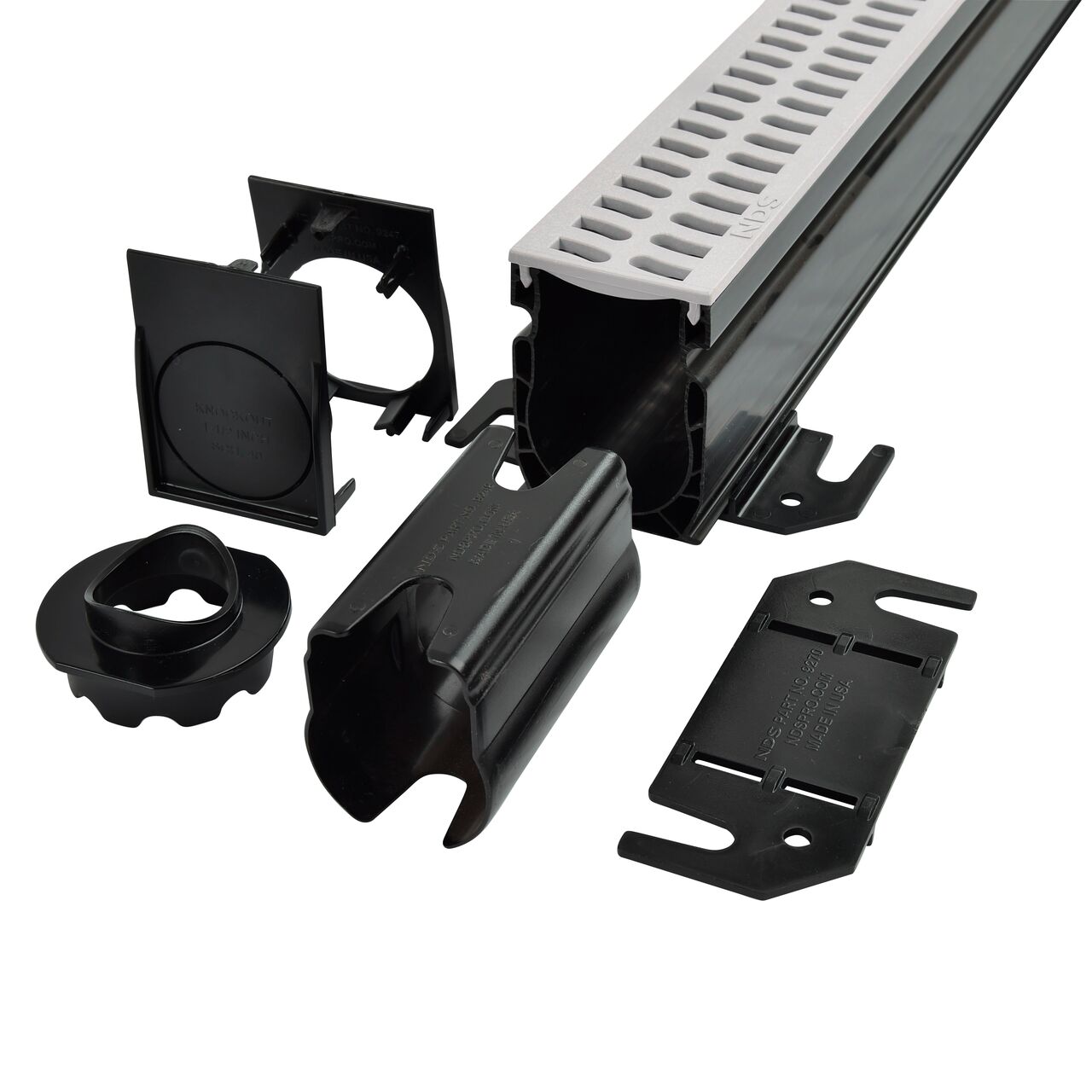 Unassembled Slim Channel™ Drain Kit, 2-1/4 in. wide X 6 ft. long with Channel, Gray Grates, End Caps, Outlets, Coupling & Anchor Clips (NDS 9206GKITRTL, NDS 9206GKIT) for pool and spa decks, concrete and paver patios, and walkways