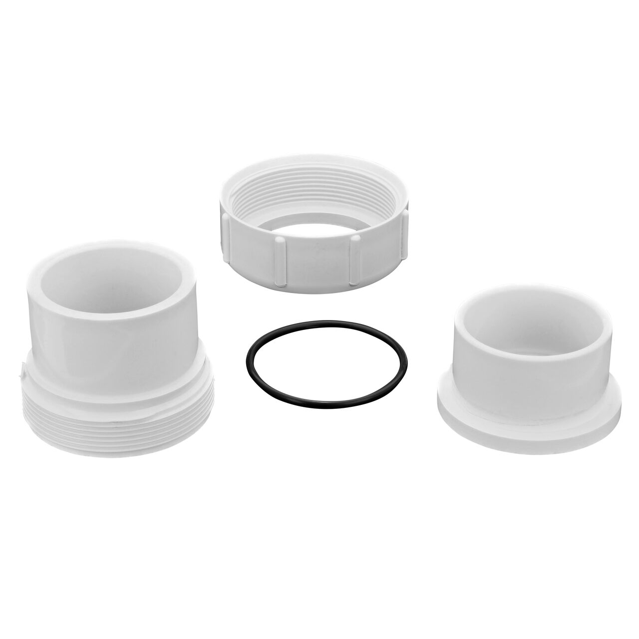 PVC Union Adapter, 2 in. IPS S X Spigot (NDS 1600-20) unassembled showing the EPDM O-ring in the center of union adapter seals pipe connection point that provides a corrosion-free connection and prevents costly property damage