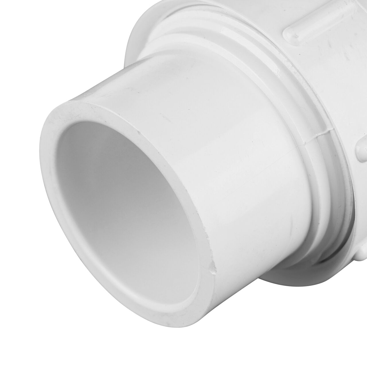 Closeup view of the PVC Union Adapter, 1-1/2 in. IPS S X Spigot showing the EPDM O-ring in center of union to create leak-resistant seal (NDS 1600-15)