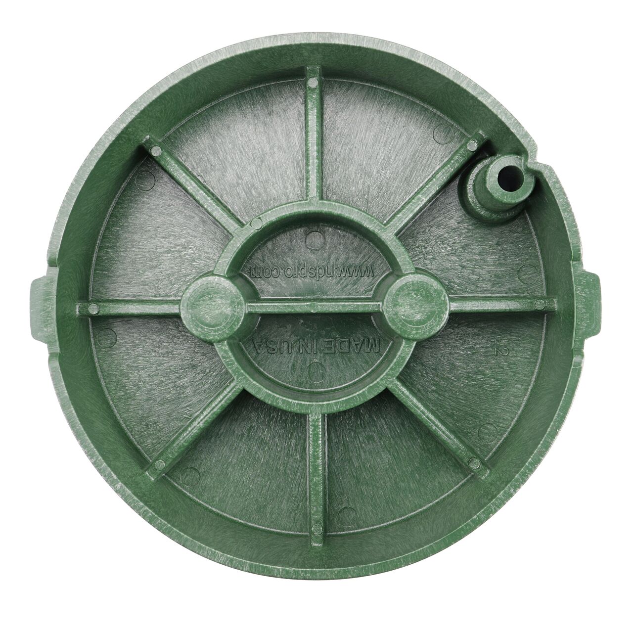 Top down view of the underside side of the Green Sewer cover for the NDS 10 in. Round Pro-Spec® Series (NDS 311BCS) showing reinforcing ribs that are load rated to withstand pedestrian traffic and the rigors of lawn care equipment