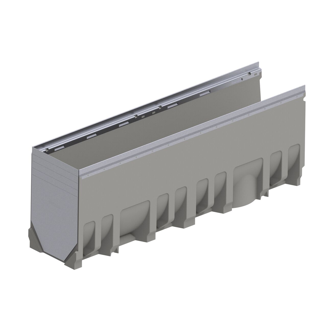 The galvanized steel BG-FILCOTEN® by NDS® 200 Trench Drain End Outlet (NDS 19020216) installed on the female interlocking end of the deep 8 in. BG-FILCOTEN® pro V 200 Trench Drain with Galvanized Steel Rails