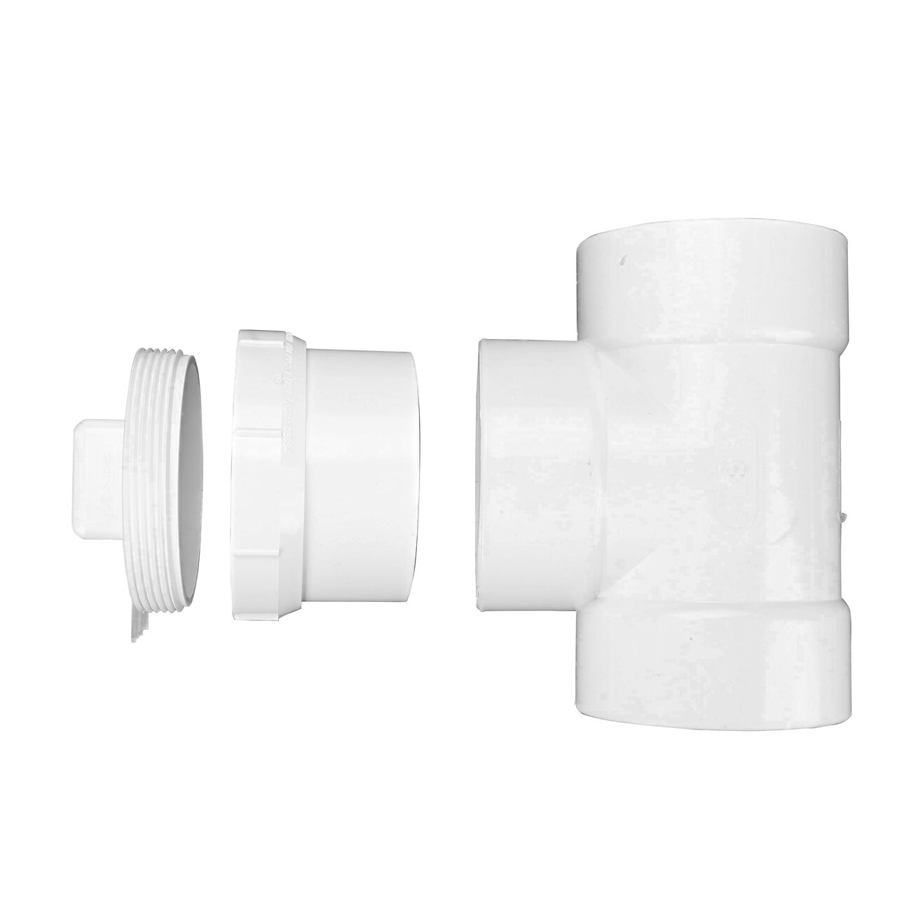 Exploded view of the NDS 4 in. PVC Sewer and Drain Tee (NDS 4P01*, NDS 4P01) with the PVC S&D Female Fitting Cleanout Adapter (NDS 413P) and the PVC S&D Cleanout Plug, 4 in. MPT (NDS 41P8)
