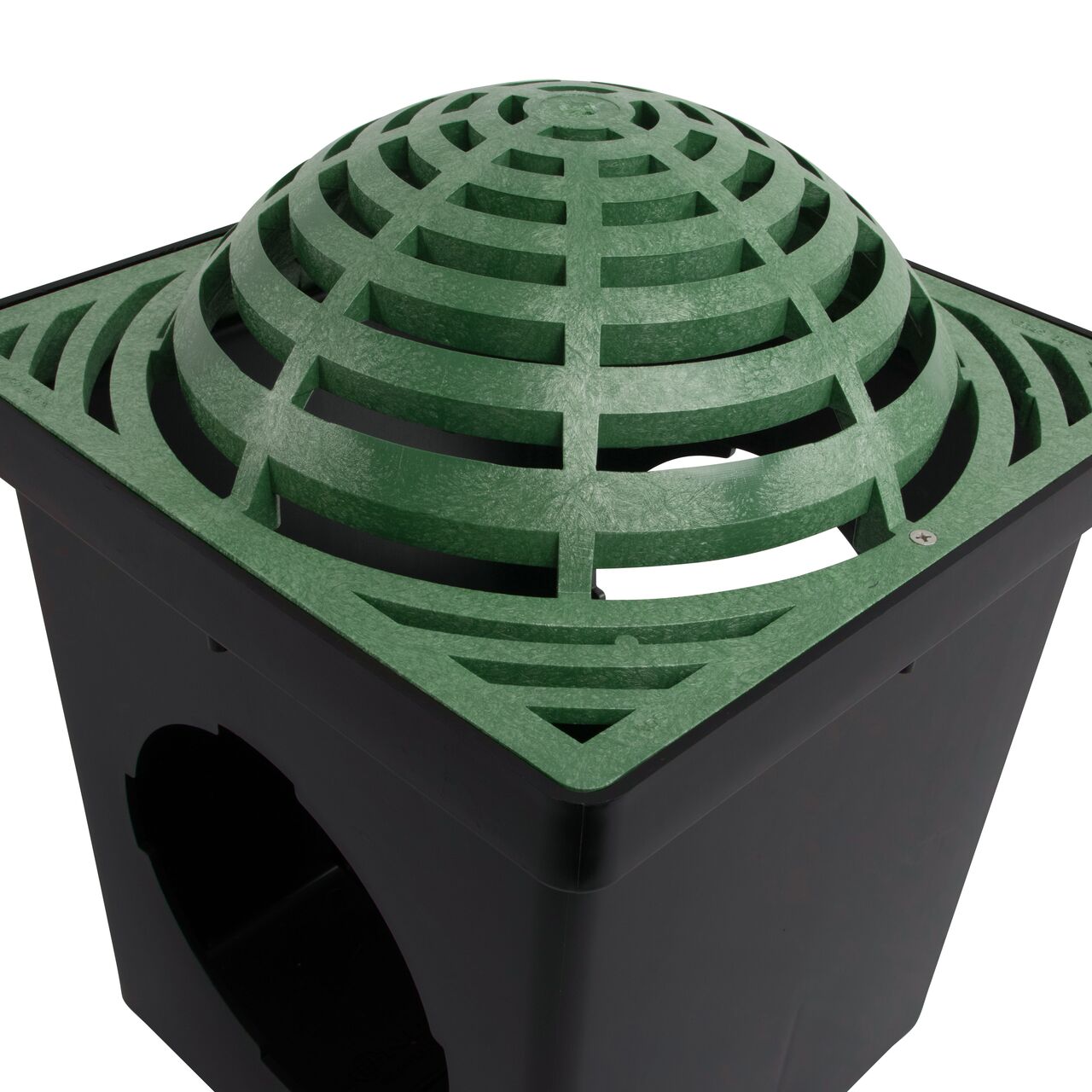 Closeup view of the Green 12 in. Square Atrium Catch Basin Drain Grate (NDS 1280) installed on a black plastic 12 in. Catch Basin Drain with 2 Openings (NDS 1200*); retail