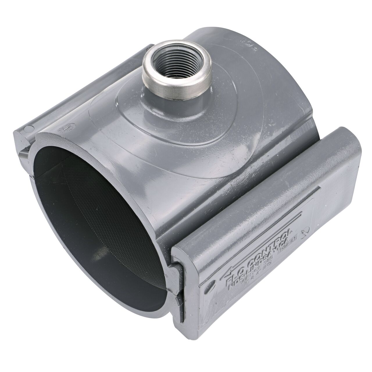 The 3/4 in. FPT outlet at the top of the NDS Clamp-It™ Rigid PVC Saddle (NDS 444007) for 4 in. PVC pipe adds a riser or sprinkler to an existing pipeline for agricultural or mining applications