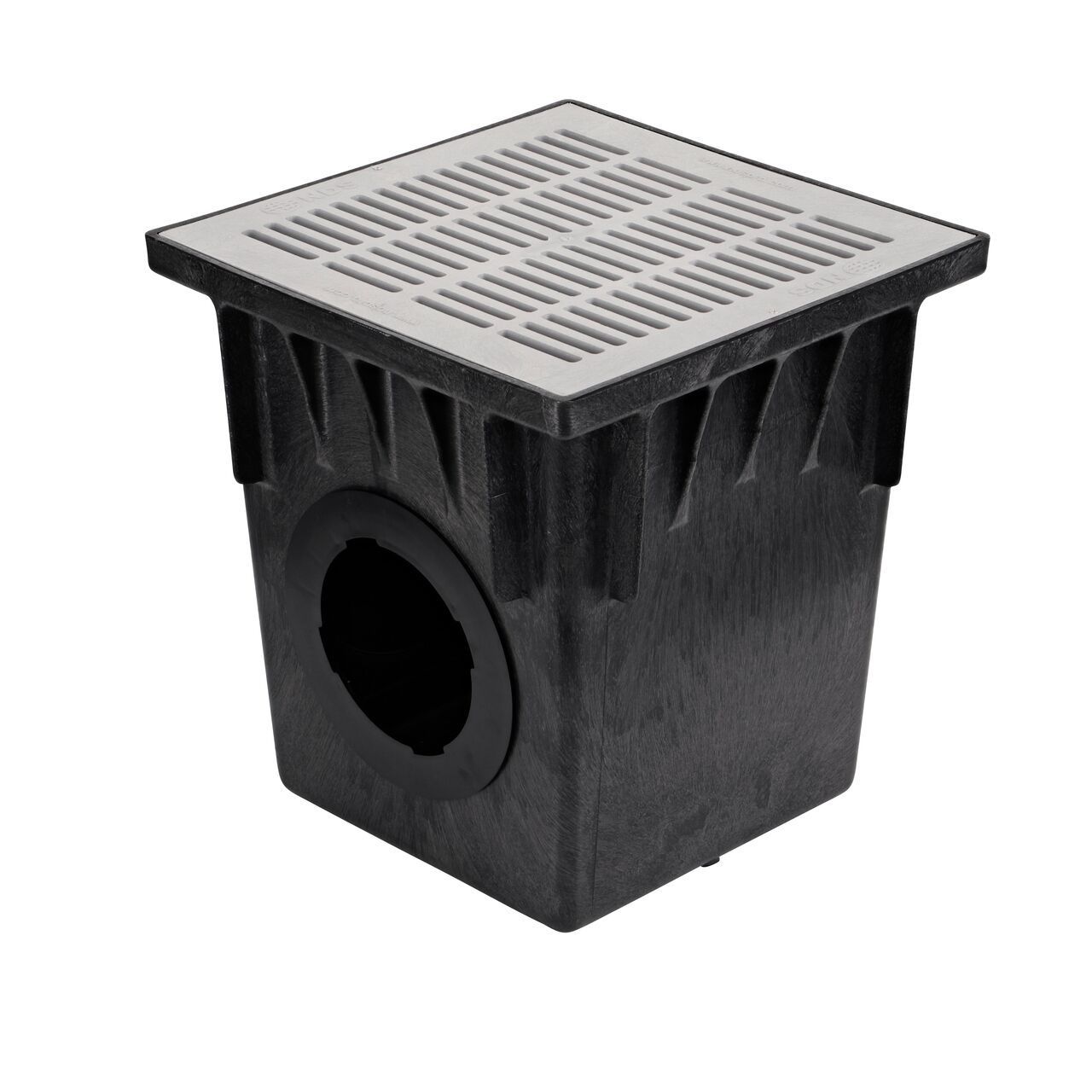 Alternate shot of 18 in. NDS Square Catch Basin Drain Grate, Gray Plastic (NDS 1810) sitting on a NDS 18 in. Square Catch Basin (NDS 1882)