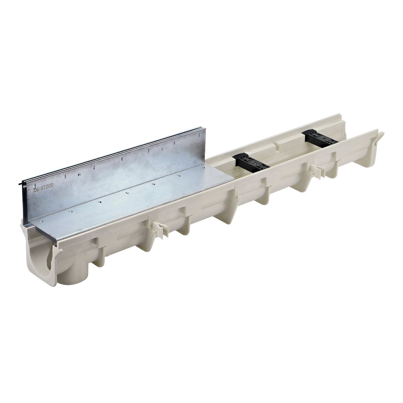 One 2 foot NDS Dura Slope galvanized steel slot top channel drain grate (NDS DS-ST2) installed on the male end of a NDS Dura Slope Channel Drain (NDS DS-091)