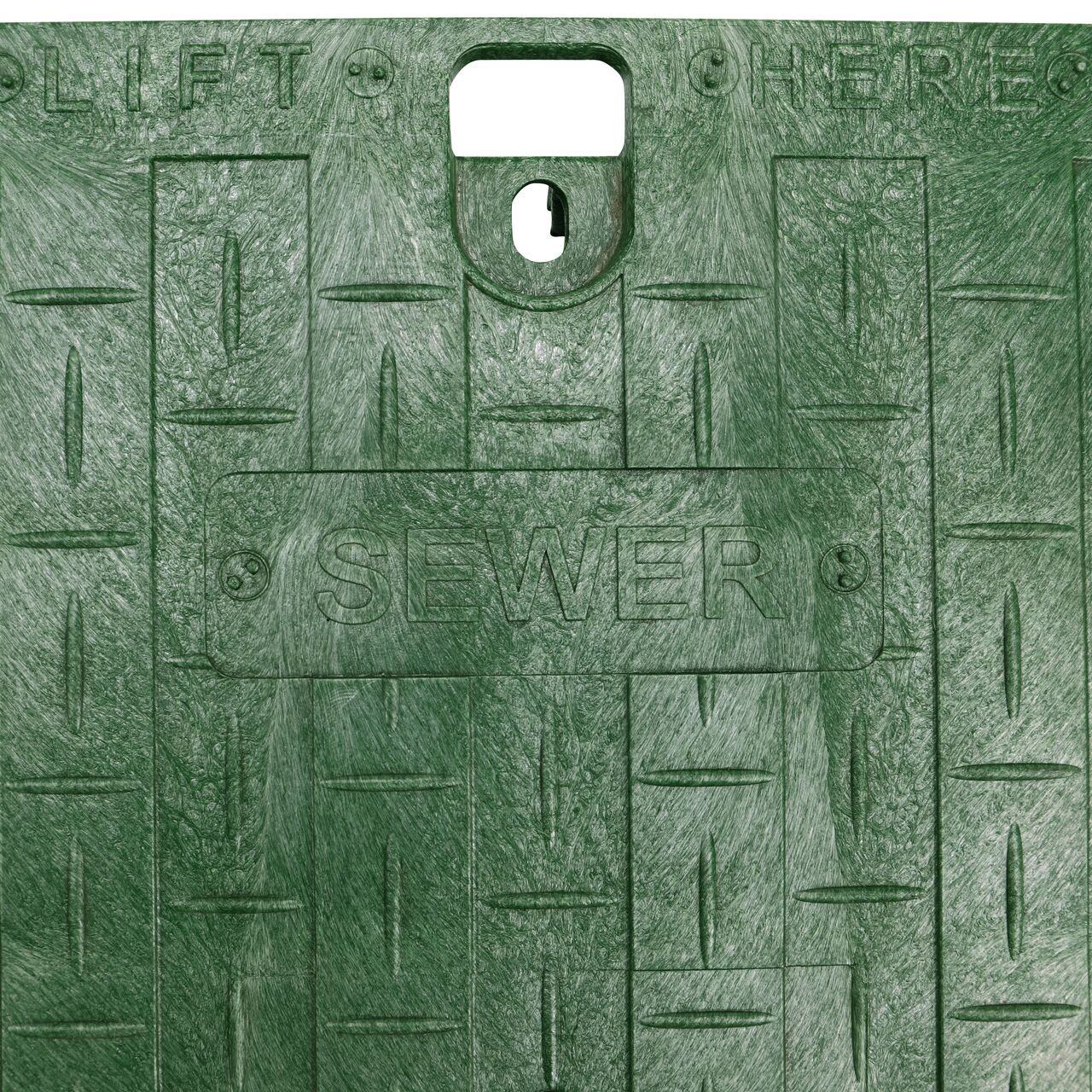 Closeup view of the Sewer markings on the Green Sewer cover for the NDS 13 in. x 20 in. Rectangular Standard Series Valve Box (NDS 318BCBS)