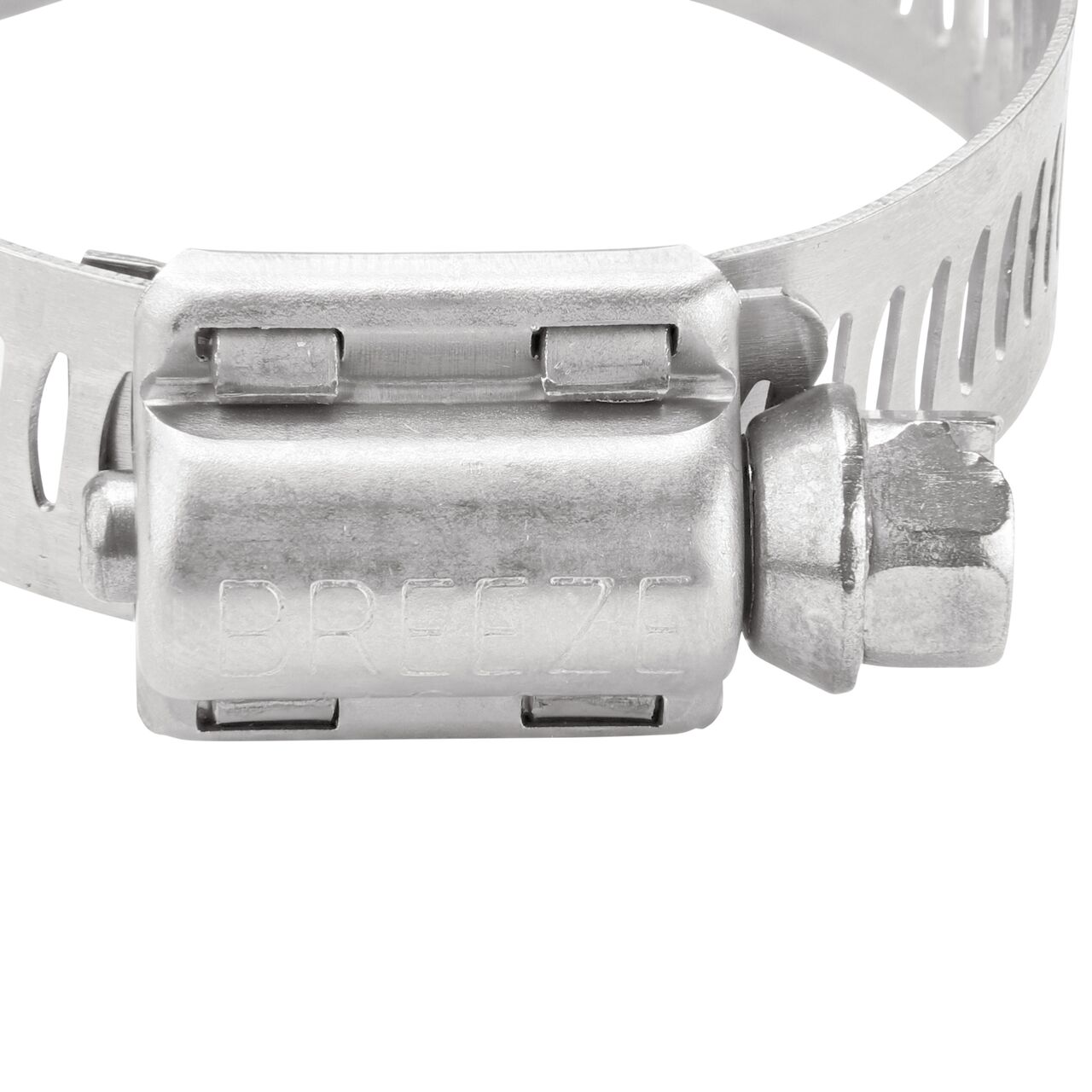 Closeup view of the two-piece clamp housing made of Series 300 Stainless Steel on the NDS SAE 20 Worm Drive Hose Clamp with Aero Seal 1/2 in. band width (NDS 64020H)