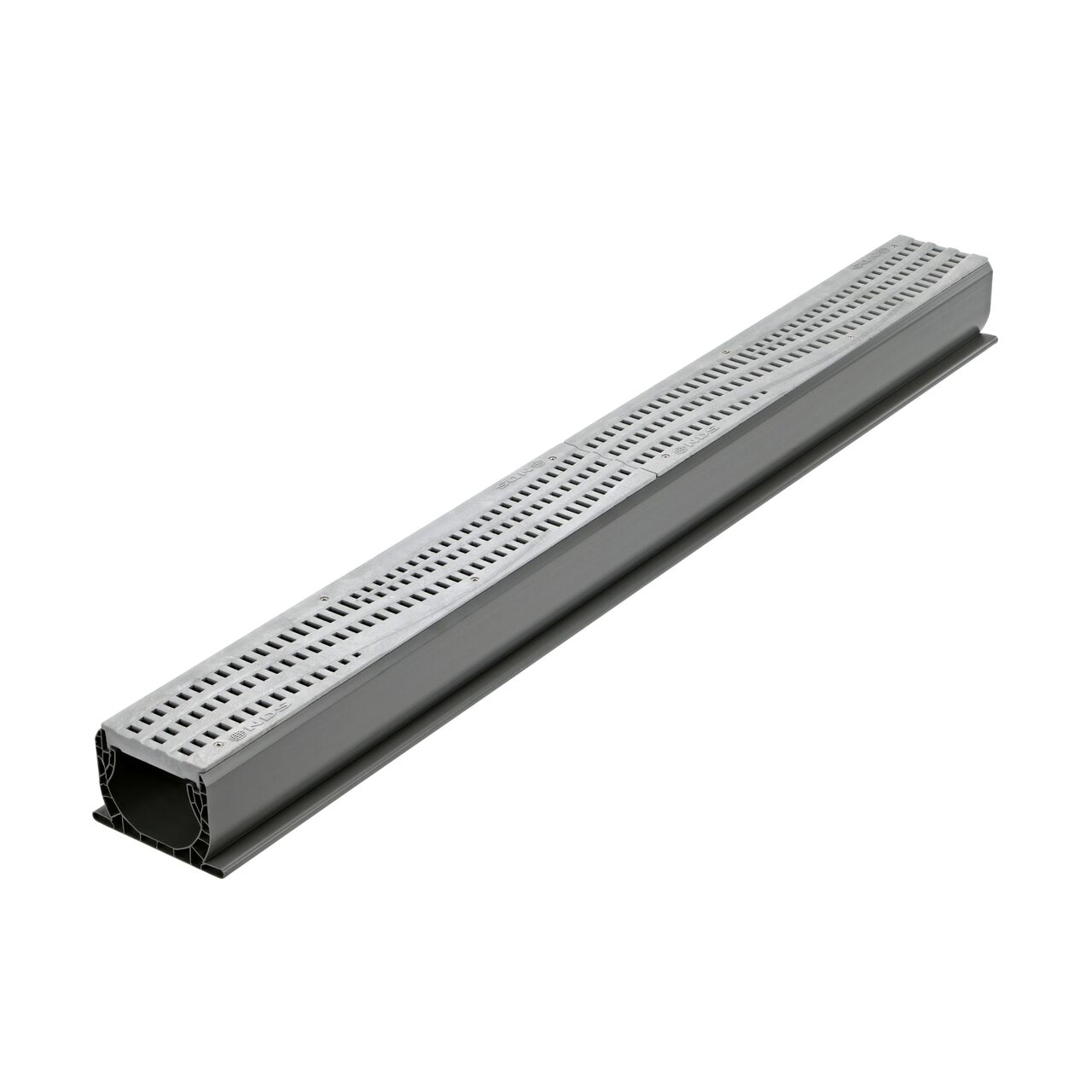 NDS Spee-D® Channel Drain Grate, Decorative Wave Design in Gray Plastic (NDS 253GYRTL, NDS 253GY) installed on a Spee-D Channel Drain (NDS 400)