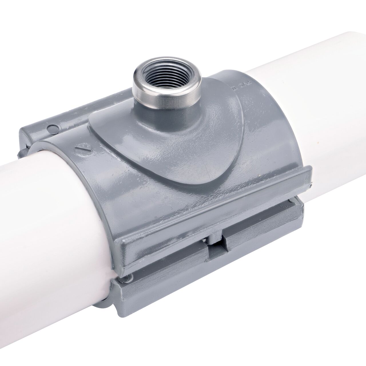 The NDS Clamp-It™ Rigid PVC Saddle with 3/4 in. FPT connection on top (NDS 443007) clamps onto 3 inch PVC pipe