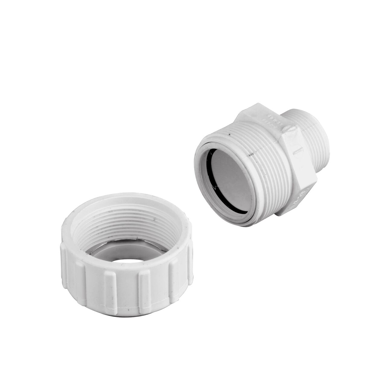 Unassembled NDS 1-1/4 in. Flo-Lock™ Gripper Adapter showing where the two ends come apart to secure the adapter to the pipe (NDS 135-12)
