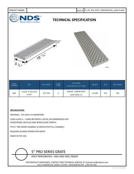 NDS 5 in. Pro Series™ Channel Drain Grate Perforated Design Tech Spec
