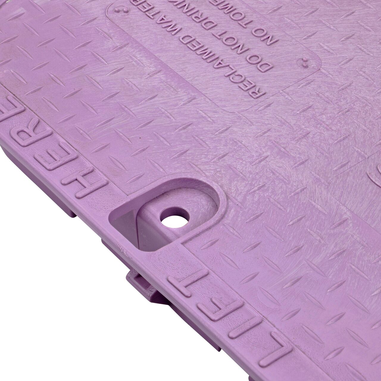Closeup view of the locking mechanism and bolt hole on the Reclaimed Water cover (NDS 317CR) for the NDS 13 in. X 20 in. Rectangular Pro-Spec® Series Valve Box