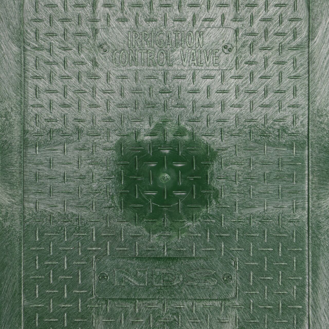 Closeup view of the Irrigation Control Valve markings on the Black Irrigation Control Valve cover for the NDS 14 in. X 19 in. Rectangular Standard Series Valve Box (NDS 114BC)