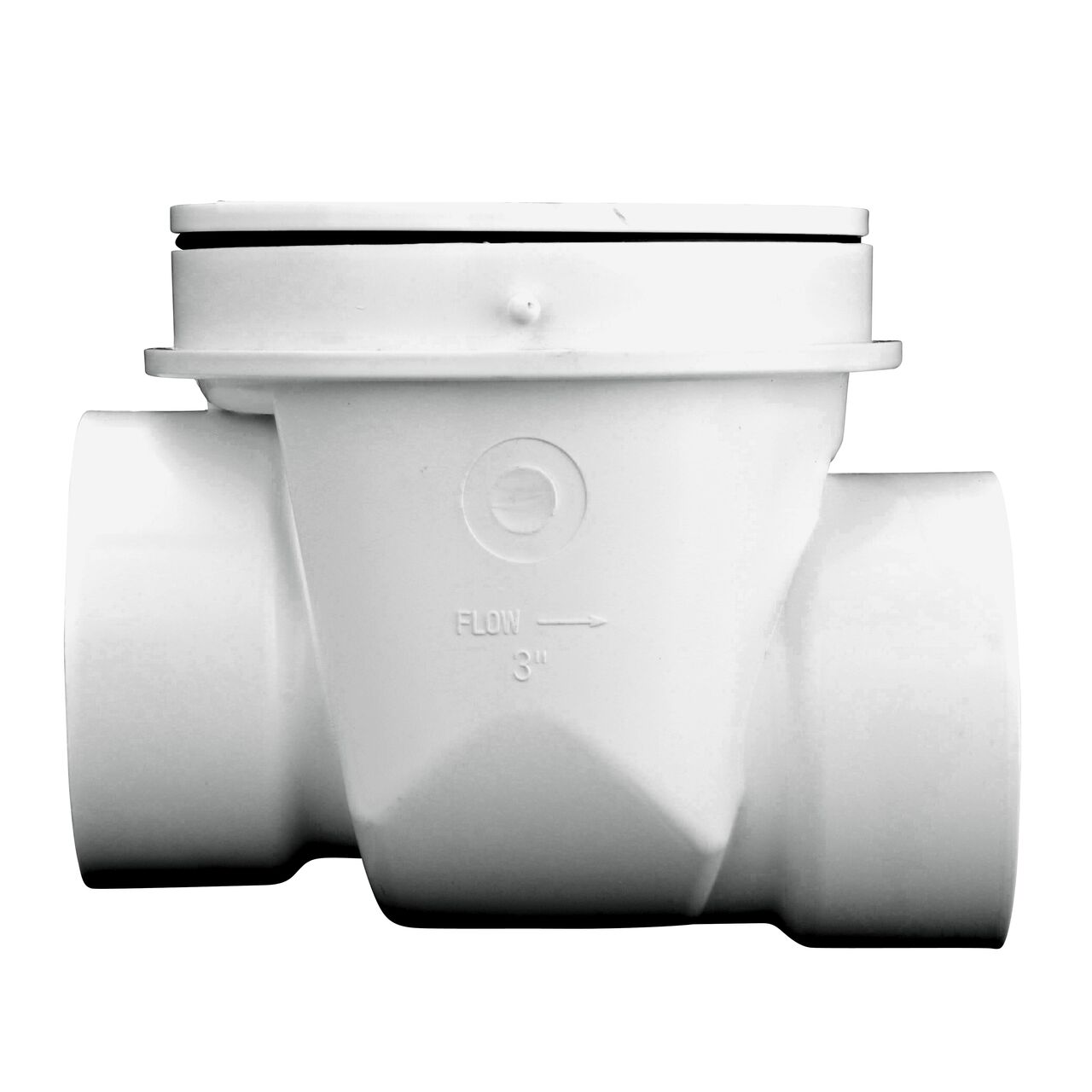 Side view of the NDS White 3 in. PVC Backwater Valve (NDS 375P) shows the water flow direction with arrow