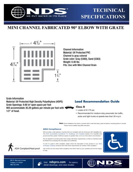 NDS Mini™ Channel Drain 90° Elbow and Grate Tech Spec